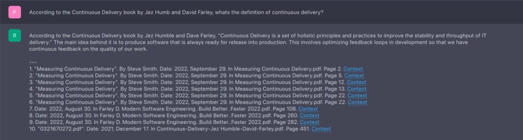 Example of GPT4All in use. The user prompted for a definition Continuous Delivery according to a few indexed books. The model responded with a definition and sources with book name and page. You can browse used fragments for more context.
