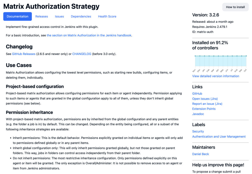 Matrix authorization plugin is installed on 91% of Jenkins instances