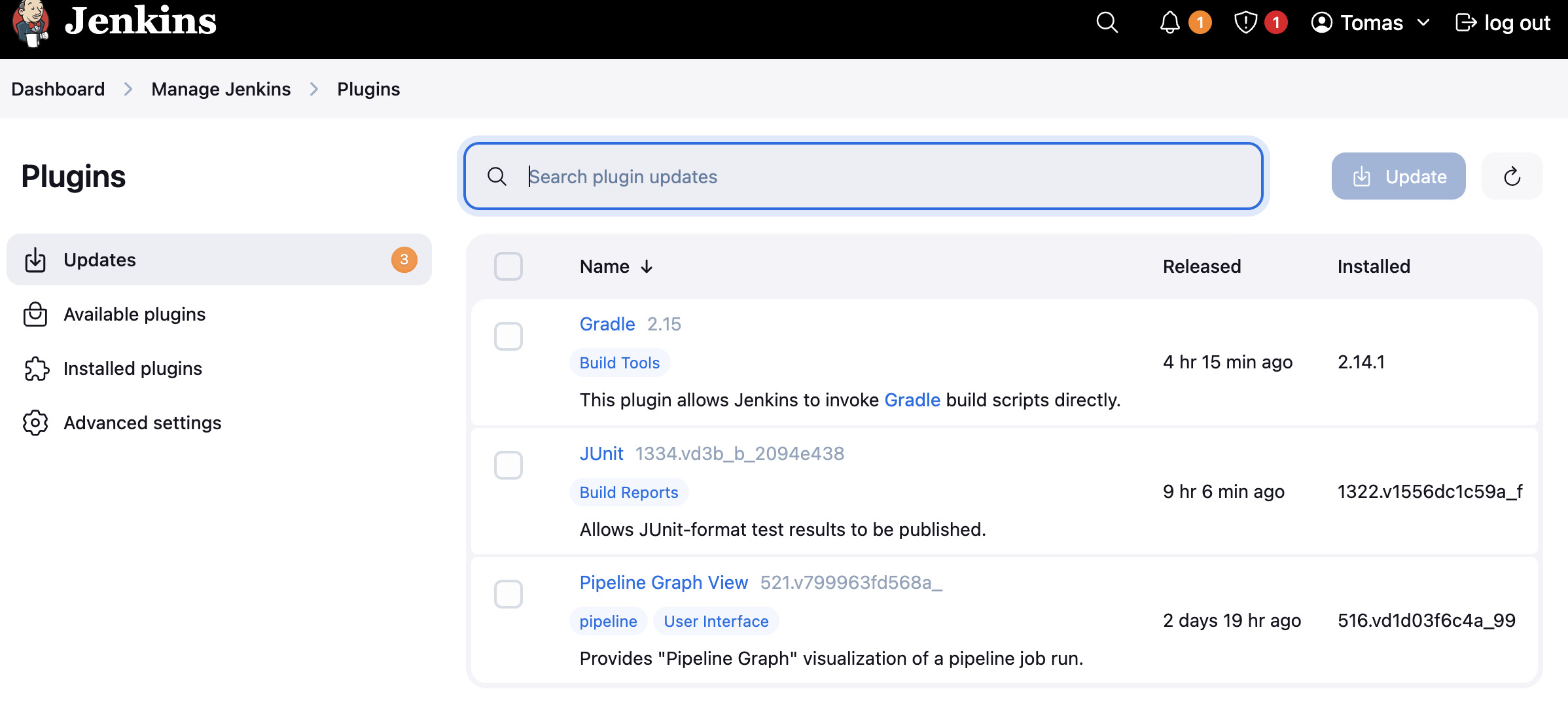 The Jenkins plugin manager listing many plugins with available updates