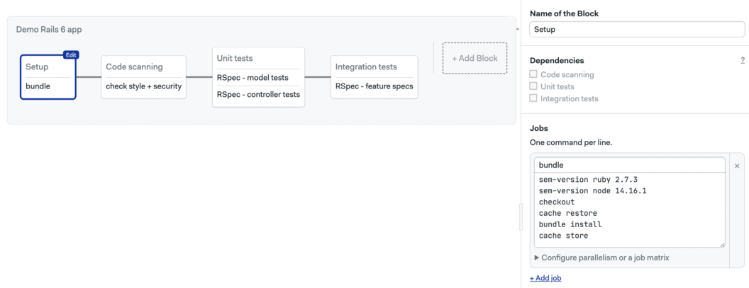 Semaphore's visual editor for pipelines