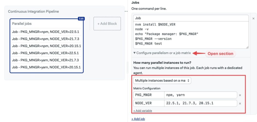 Screenshot of using the job matrix on the workflow editor.