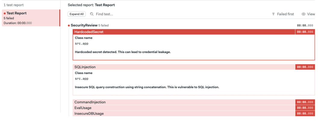 Test report populated with AI code review findings.